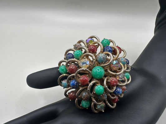 Multicolored Beaded Brooch 90s Vintage Pin 2x2 Inches