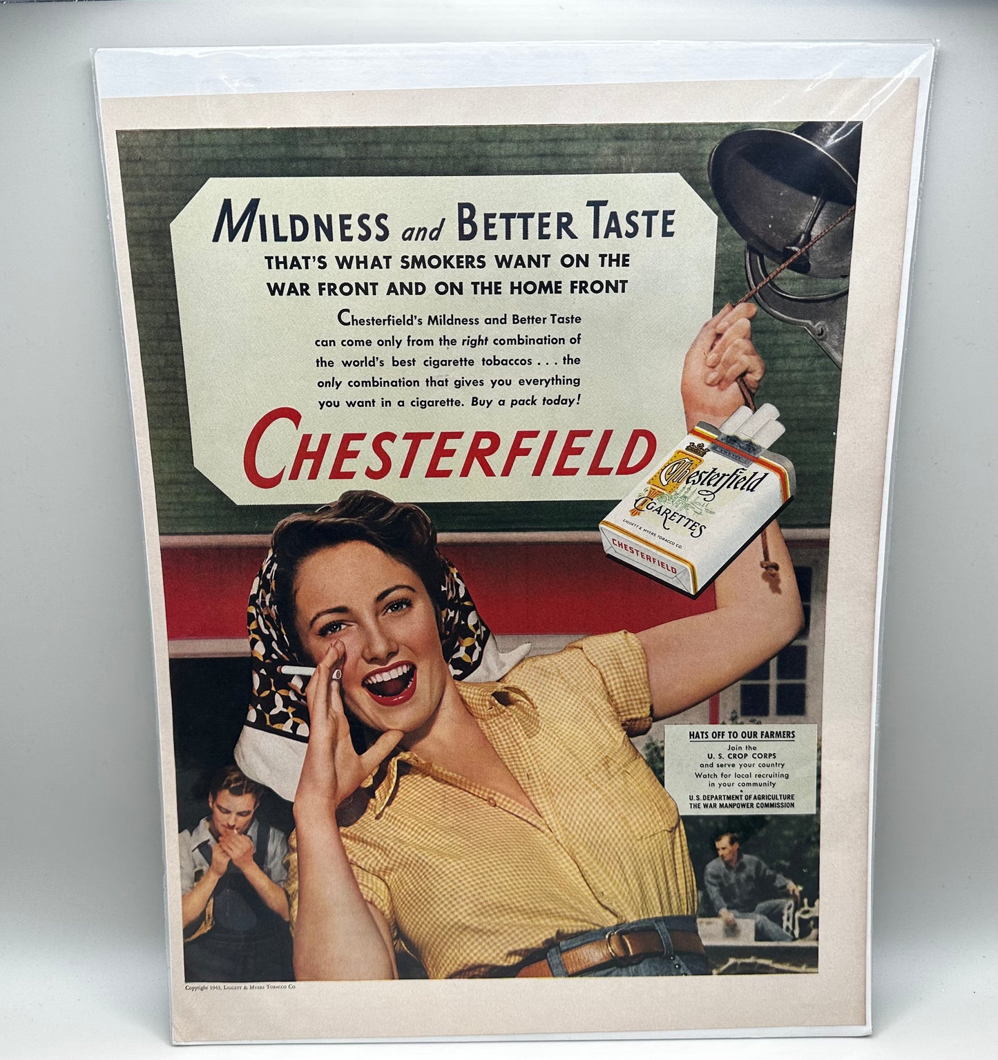 Vintage 1943 Chesterfield Cigarettes Tobacco Woman WW2 Print Ad 10 x 13.5 Wall Art