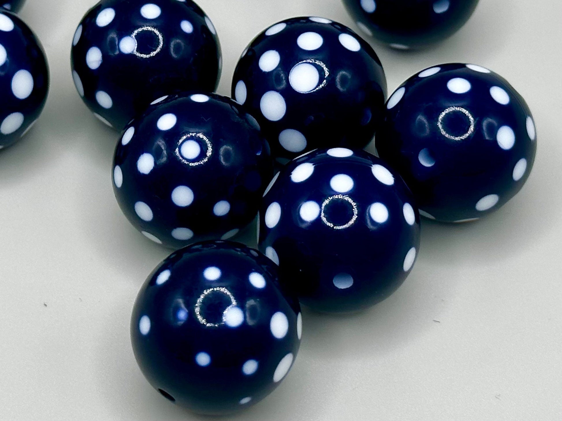 1950s 12 Acrylic 15MM Navy Blue White Polka Dot Beads Manufacturer’s Stock Vintage Lot