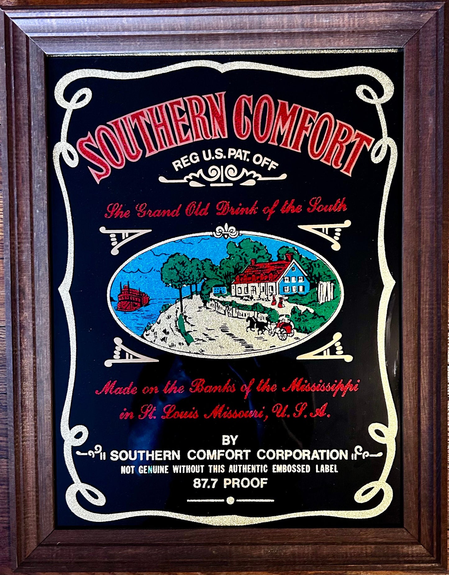 Southern Comfort Bar Mirror with Wood Frame Vintage 18" x 13" Advertising Sign