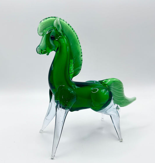 Horse Green Vintage Glass and Clear Statue Murano Style 7”